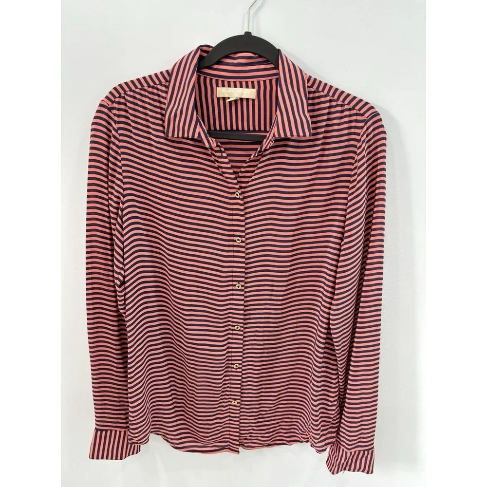 Banana Republic Womens 100% Silk Blouse Medium Pink Navy Striped Sheer - Picture 4 of 10